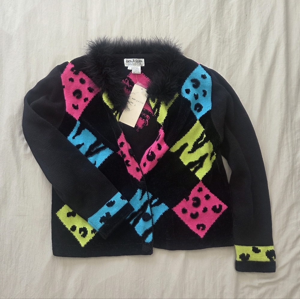 Jack B. Quick Vintage Cardigan Sweater W/ Faux-fur Collar & Animal Print Panels